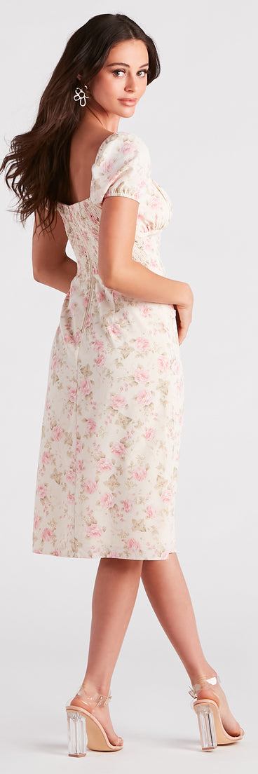 Charming Allure Floral Midi Dress creates the perfect summer wedding guest dress or cocktail party dresss with stylish details in the latest trends for 2023!