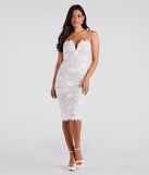 Chic Impression Strapless Lace Midi Dress is a gorgeous pick as your 2023 Homecoming dress or formal gown for wedding guest, fall bridesmaid, or military ball attire!