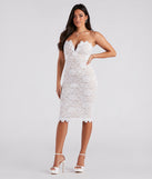 Chic Impression Strapless Lace Midi Dress is a gorgeous pick as your 2023 Homecoming dress or formal gown for wedding guest, fall bridesmaid, or military ball attire!