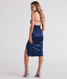 Chic Affair High Slit Satin Midi Dress is a gorgeous pick as your 2023 Homecoming dress or formal gown for wedding guest, fall bridesmaid, or military ball attire!