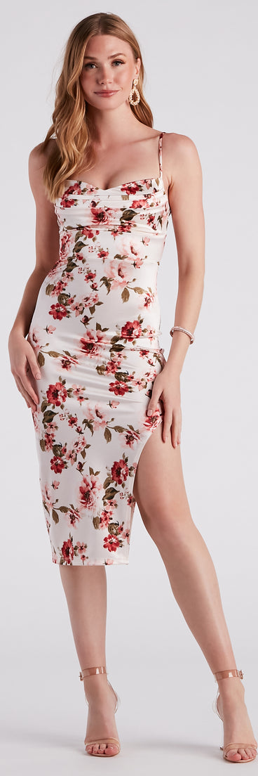 Framed In Floral Satin Midi Dress is a gorgeous pick as your 2023 Homecoming dress or formal gown for wedding guest, fall bridesmaid, or military ball attire!
