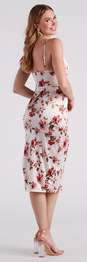 Framed In Floral Satin Midi Dress is a gorgeous pick as your 2023 Homecoming dress or formal gown for wedding guest, fall bridesmaid, or military ball attire!