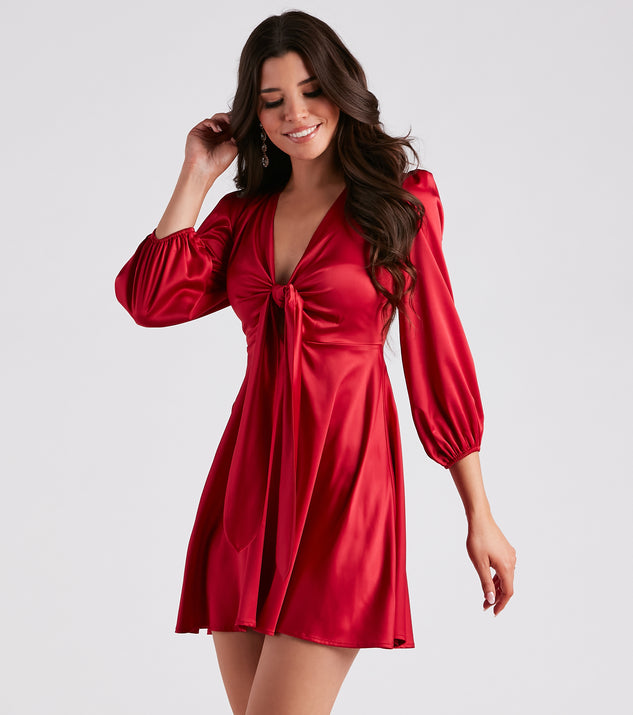 Sleek Satin Tie-Front Mini Dress creates the perfect spring wedding guest dress or cocktail attire with stylish details in the latest trends for 2023!