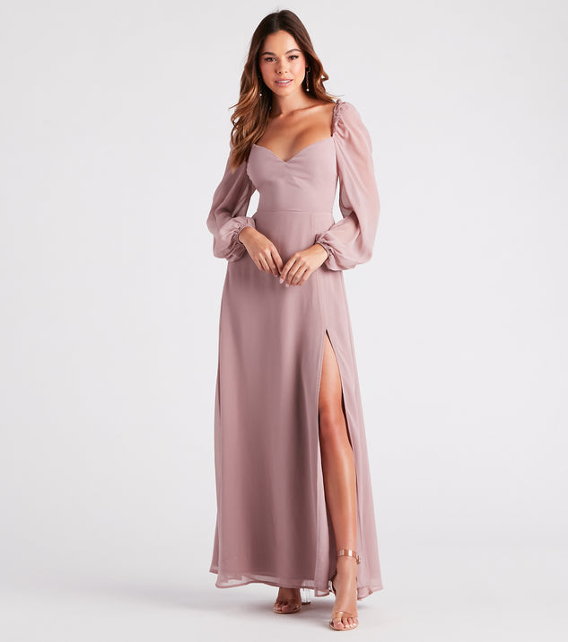 Sheer Beauty Chiffon Slit Maxi Dress is a gorgeous pick as your 2023 Homecoming dress or formal gown for wedding guest, fall bridesmaid, or military ball attire!