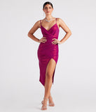 Metallic Glow High Slit Midi Dress is a stunning choice for a bridesmaid dress or maid of honor dress, and to feel beautiful at Homecoming 2023, fall or winter weddings, formals, & military balls!