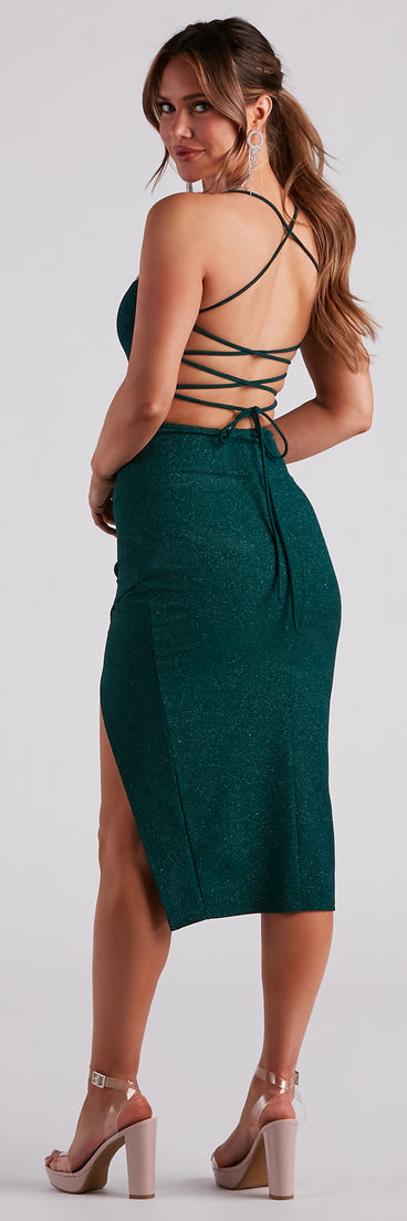 Keep It Sparkling Glitter Lace-Up Midi Dress is a gorgeous pick as your 2023 Homecoming dress or formal gown for wedding guest, fall bridesmaid, or military ball attire!