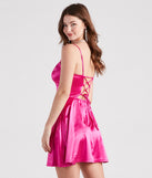 Party Princess Satin Lace-Up Skater Dress is a gorgeous pick as your 2023 Homecoming dress or formal gown for wedding guest, fall bridesmaid, or military ball attire!