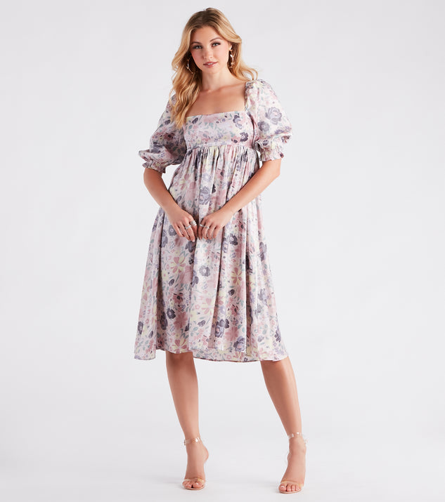 Take In The Beauty Satin Floral Midi Dress