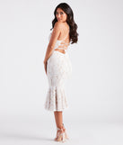 Love Is In The Air Lace Trumpet Midi Dress is a gorgeous pick as your 2023 Homecoming dress or formal gown for wedding guest, fall bridesmaid, or military ball attire!