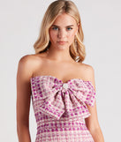 Life's A Prize Tweed Strapless Bow Dress is a gorgeous pick as your 2023 Homecoming dress or formal gown for wedding guest, fall bridesmaid, or military ball attire!