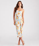 Major Admiration Satin Floral Midi Dress creates the perfect summer wedding guest dress or cocktail party dresss with stylish details in the latest trends for 2023!