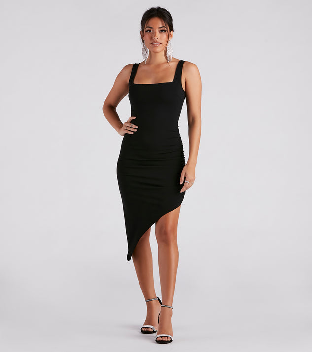 Sophisticated Hour Crepe Asymmetrical Midi Dress creates the perfect summer wedding guest dress or cocktail party dresss with stylish details in the latest trends for 2023!