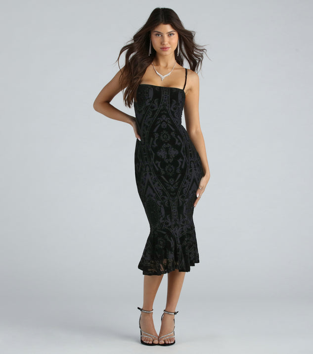 Step Out In Flocked Velvet Ruffle Midi Dress is a gorgeous pick as your 2024 prom dress or formal gown for wedding guests, spring bridesmaids, or army ball attire!