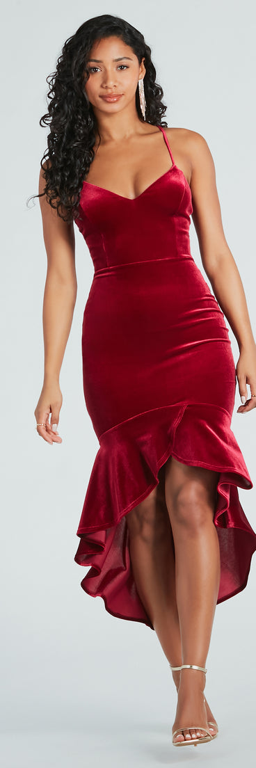 Feeling Sultry Velvet Mermaid Midi Dress creates the perfect spring or summer wedding guest dress or cocktail attire with chic styles in the latest trends for 2024!