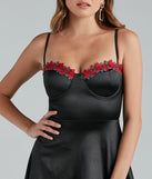 Pretty In Satin Rose Applique Skater Dress creates the perfect spring or summer wedding guest dress or cocktail attire with chic styles in the latest trends for 2024!