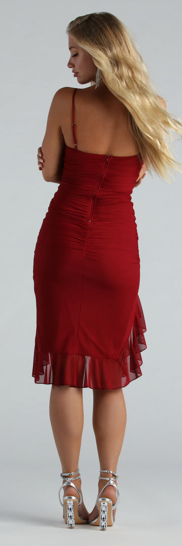 Not Here To Mesh Ruched Ruffle Midi Dress is the perfect prom dress pick with on-trend details to make the 2024 dance your most memorable event yet!