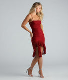 Not Here To Mesh Ruched Ruffle Midi Dress is a gorgeous pick as your 2024 prom dress or formal gown for wedding guests, spring bridesmaids, or army ball attire!
