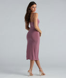 Dare To Be Noticed Ruffle Slit Midi Dress creates fall wedding guest dress with stylish details, the perfect midi dress for winter graduation, or for a cocktail party look in the latest midi-length trends for 2024!
