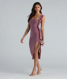 Dare To Be Noticed Ruffle Slit Midi Dress is a stunning choice for a bridesmaid dress or maid of honor dress, and to feel beautiful at HOCO 2024, summer or fall weddings, formals, & military balls!