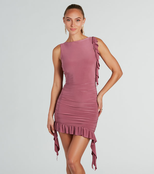 Chic Status Ruffled And Ruched Mini Dress creates the perfect spring or summer wedding guest dress or cocktail attire with chic styles in the latest trends for 2024!