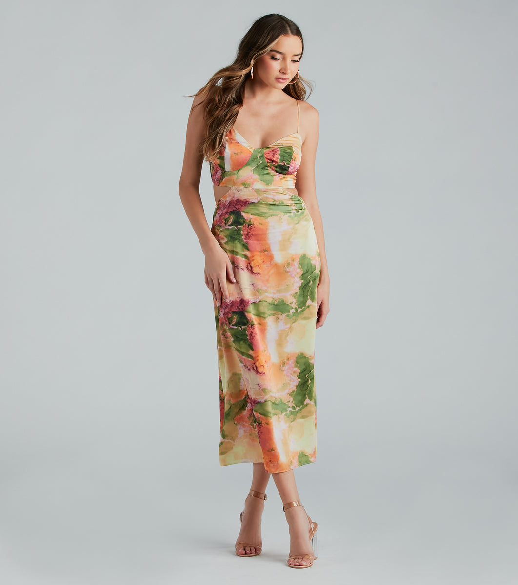 Woven Satin Midi Evening Dress with Stone Embellishments