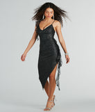Sparkly Muse Ruffled Glitter Mesh Midi Dress creates spring wedding guest dress with stylish details, the perfect midi dress for graduation, or for a cocktail party look in the latest midi-length trends for 2024!