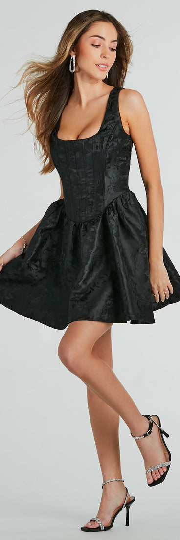 Revel In Wonder Jacquard Corset Skater Dress creates the perfect spring or summer wedding guest dress or cocktail attire with chic styles in the latest trends for 2024!