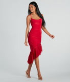 Timeless Allure Cowl Neck Mesh Ruffle Midi Dress creates spring wedding guest dress with stylish details, the perfect midi dress for graduation, or for a cocktail party look in the latest midi-length trends for 2024!