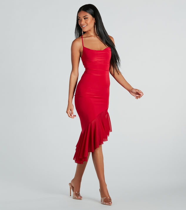 Timeless Allure Cowl Neck Mesh Ruffle Midi Dress creates spring wedding guest dress with stylish details, the perfect midi dress for graduation, or for a cocktail party look in the latest midi-length trends for 2024!