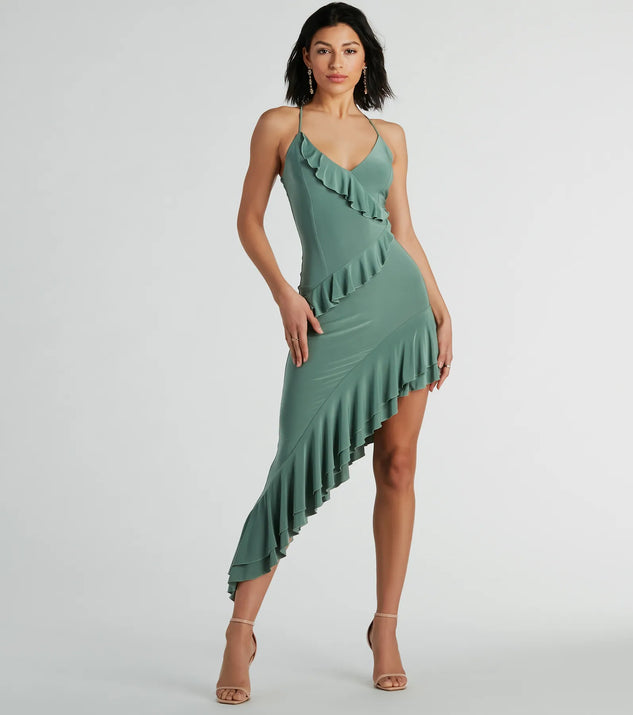 Iconic Flair Ruffled Asymmetrical Midi Dress | Windsor Iconic Flair Ruffled Asymmetrical Midi Dress | Windsor