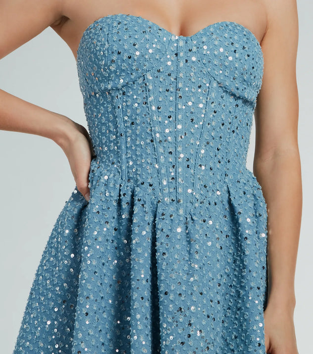 white christmas dresses So Flirty Strapless Sequin Glitter Denim Skater Dress