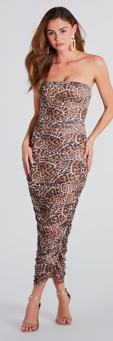 Girl Power Leopard Print Strapless Midi Dress