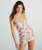 The She's A Dream Strapless Ruched Floral Mesh Mini Dress as your wedding guest dress with a stylish neckline and/or sleeves and elevated details on the back and front will make you the best dressed at any event!