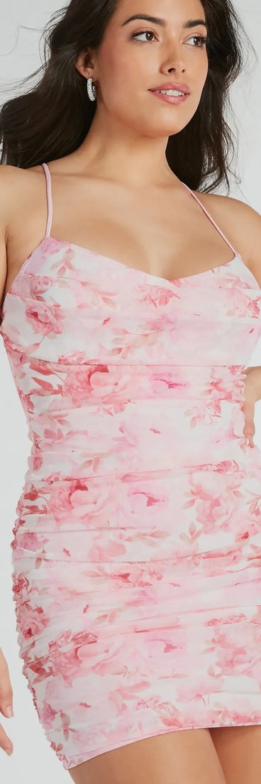 All About You Lace-Up Floral Mesh Mini Dress