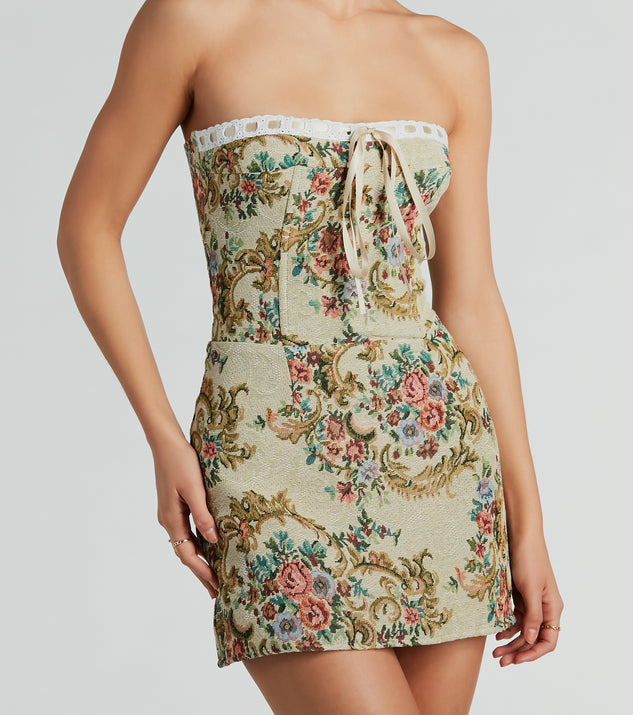 floral tapestry lace up mini dress Floral tapestry mini dress with lace up back. This