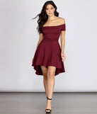 All The Rage Off the Shoulder Skater Burgundy Dress styled with Black Heels and Duster Earrings