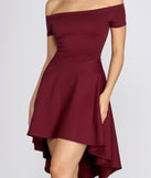 High-Low Skirt on All The Rage Off the Shoulder Skater Burgundy Dress