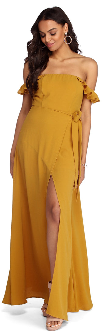 What's Up Buttercup Maxi Dress is a stunning choice for a bridesmaid dress or maid of honor dress, and to feel beautiful at Homecoming 2023, fall or winter weddings, formals, & military balls!