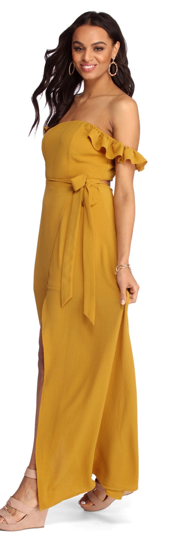 What's Up Buttercup Maxi Dress is a stunning choice for a bridesmaid dress or maid of honor dress, and to feel beautiful at Homecoming 2023, fall or winter weddings, formals, & military balls!