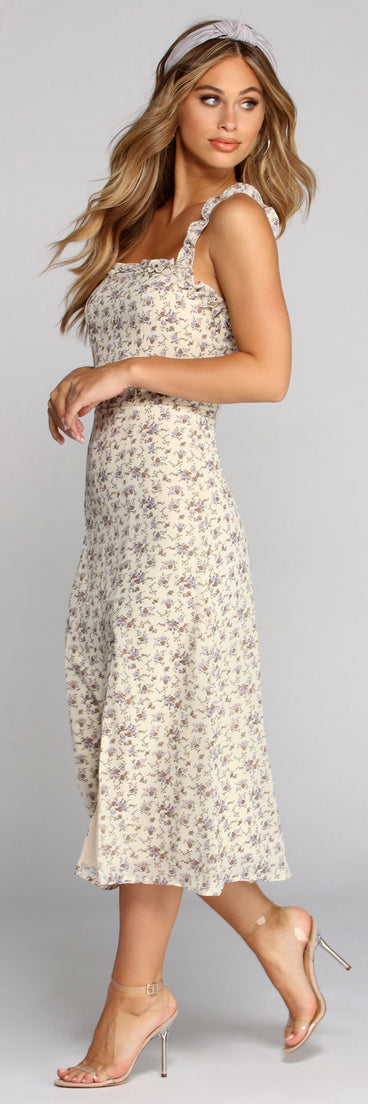 Frilly In Florals Midi Dress creates the perfect spring wedding guest dress or cocktail attire with stylish details in the latest trends for 2023!