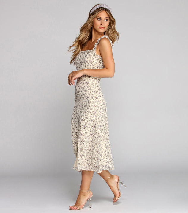 Frilly In Florals Midi Dress creates the perfect spring wedding guest dress or cocktail attire with stylish details in the latest trends for 2023!