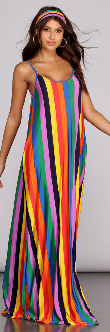 Rainbow Wave Maxi Dress is a trendy pick to create 2023 festival outfits, festival dresses, outfits for concerts or raves, and complete your best party outfits!