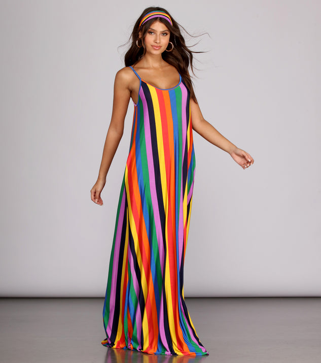 Rainbow Wave Maxi Dress is a trendy pick to create 2023 festival outfits, festival dresses, outfits for concerts or raves, and complete your best party outfits!