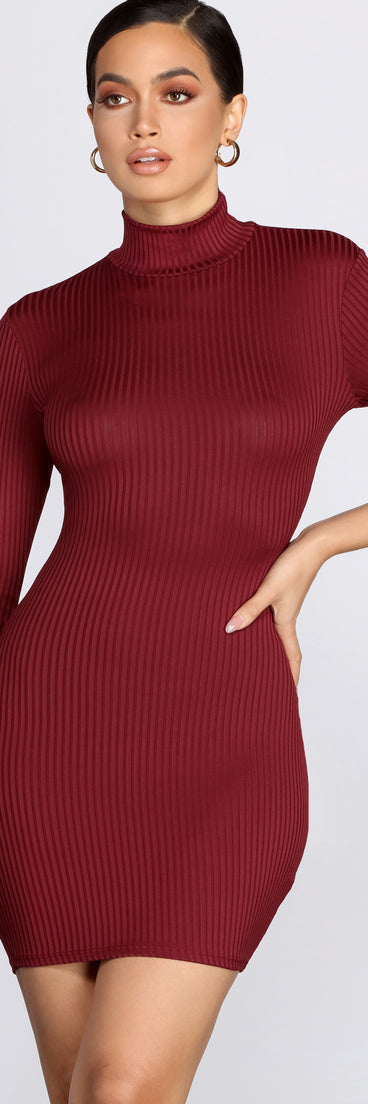 red turtleneck dress Ribbed Knit Turtleneck Mini Dress