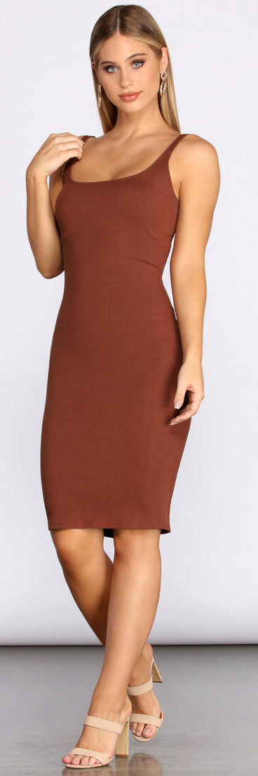 Ribbed Knit Square Neck Midi Dress