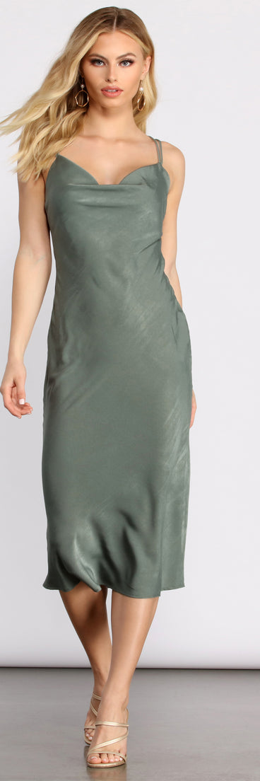 Sleek Ya Out Cowl Neck Midi Dress creates the perfect spring wedding guest dress or cocktail attire with stylish details in the latest trends for 2023!