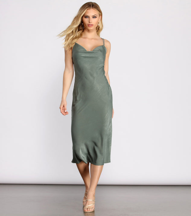 Sleek Ya Out Cowl Neck Midi Dress creates the perfect spring wedding guest dress or cocktail attire with stylish details in the latest trends for 2023!