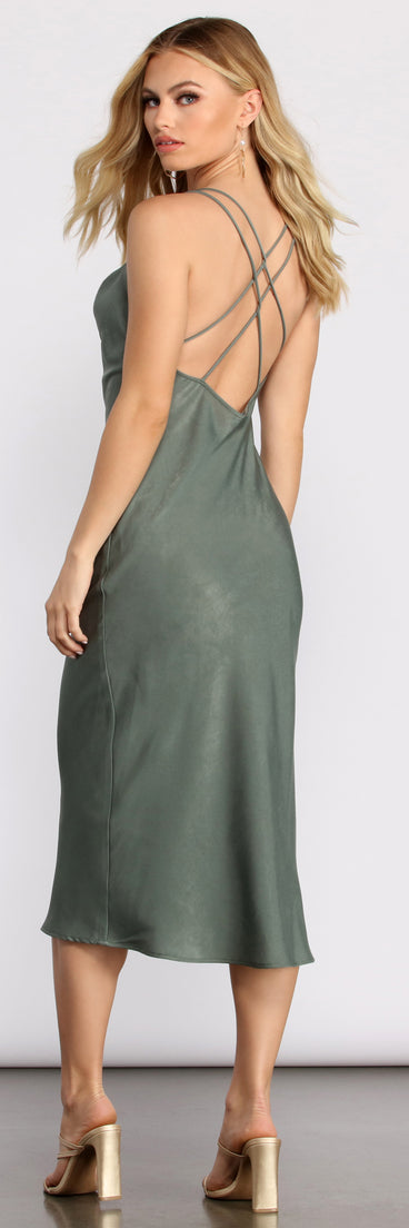 Sleek Ya Out Cowl Neck Midi Dress creates the perfect spring wedding guest dress or cocktail attire with stylish details in the latest trends for 2023!