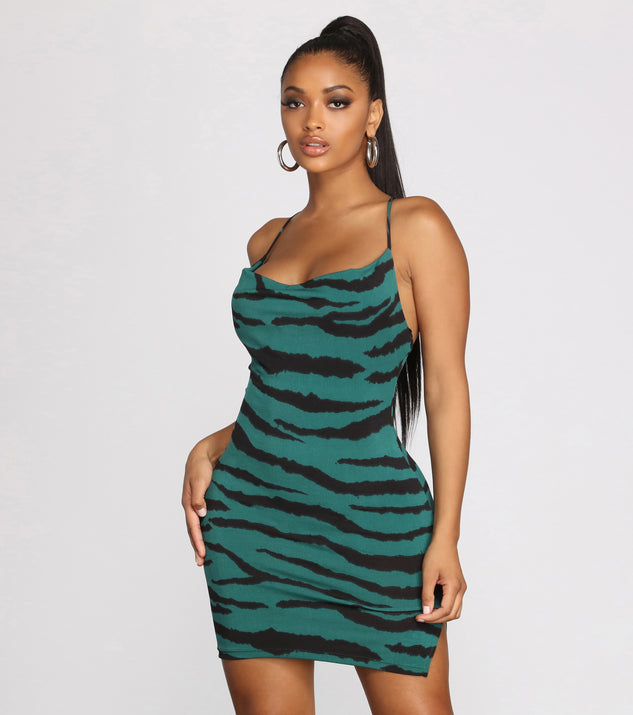 Go Get 'Em Tiger Print Cowl Neck Mini Dress is a trendy pick to create 2023 festival outfits, festival dresses, outfits for concerts or raves, and complete your best party outfits!