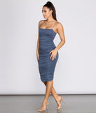 Fall For Me Ruched Midi Dress creates the perfect summer wedding guest dress or cocktail party dresss with stylish details in the latest trends for 2023!
